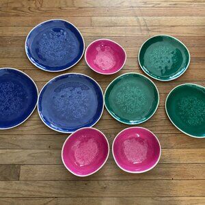 Anthropologie DAKOTA Melamine 9pc Blue Green Pink Plates & Bowls Set - NEW